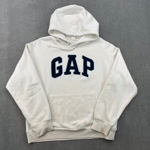 Gap Mens Medium White Navy Blue Logo Pullover Hoodie Fleece Sweatshirt